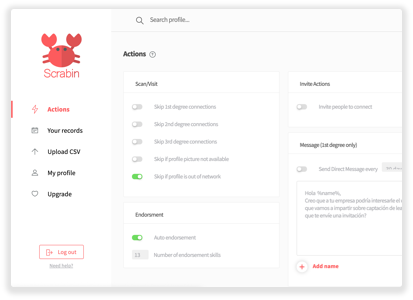 Configure the actions: Visit / Scan / Upload CSV